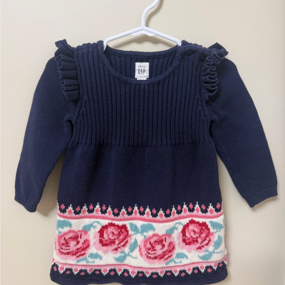 Baby GAP Floral Knit Sweater Dress • Navy Pink